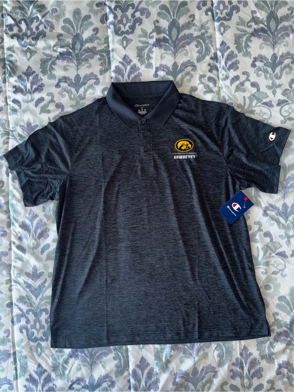 Champion Iowa Hawkeyes Polo Shirt Men's XL Black Heather w/ Gold Logo NWT